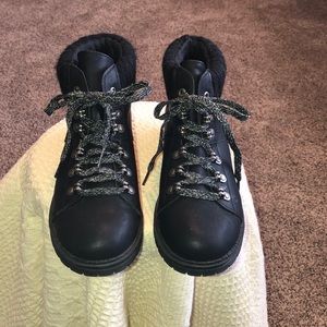 Time&Tru Black Faux Leather Lace Up Hiking Boots